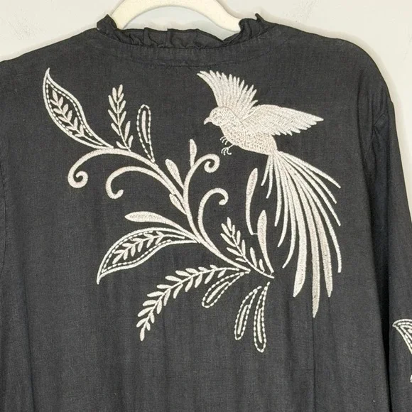 Johnny Was Black Linen Embroidered Frankie Tiered Field Dress Bird Boho Large - Picture 13 of 15